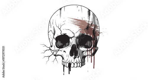 Grunge skull with cracks and paint splatters, dark aesthetic, horror, death symbol