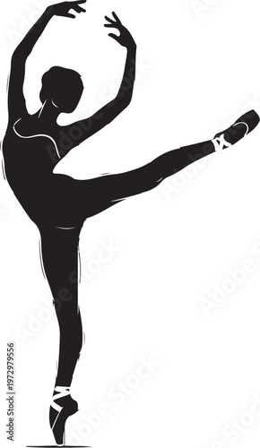 Black silhouette of woman in ballet pose dancer white background