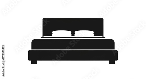 Modern double platform bed silhouette icon with headboard and two pillows, minimalist furniture design element for interior layout and bedroom decor, isolated on white background.