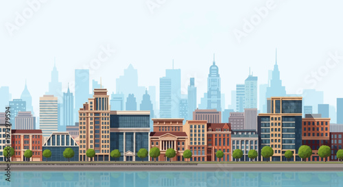Panoramic vector illustration of a modern city skyline featuring diverse architectural styles from skyscrapers to low-rise buildings along a waterfront park with green trees and reflections.