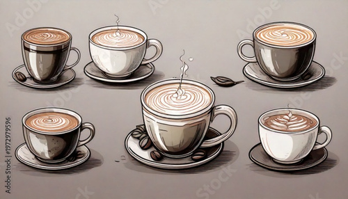 Six cups of coffee with foam art arranged on saucers.