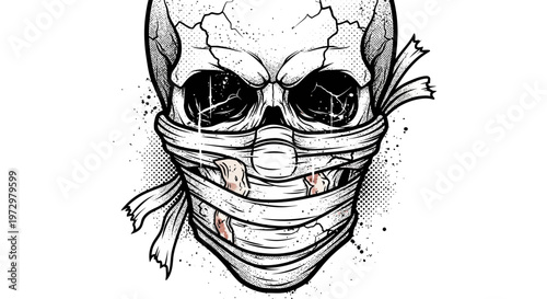 Scary mummy skull with bandages and cracked bone, horror illustration