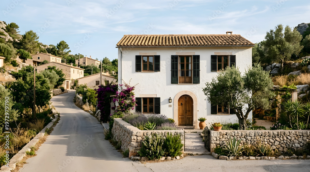 Fototapeta premium Traditional Mediterranean Villa Architecture With Stonewall Gardens And Winding Road Amidst Green Hills Under Clear Sky mediterranean villa