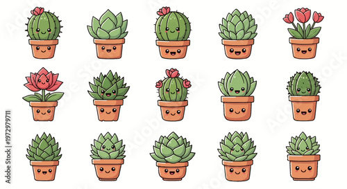 A collection of 15 vector illustrations featuring cute kawaii succulent and cactus characters in clay pots with smiling faces, isolated on white, including various cacti and flowers.