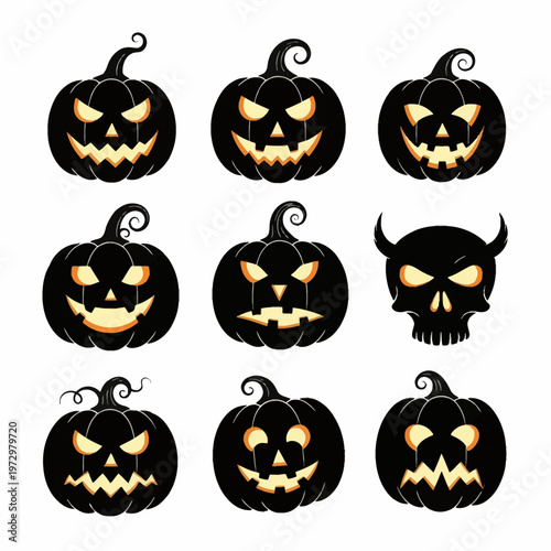 A set of nine black silhouette Halloween jack-o'-lanterns and one skull pumpkin with glowing orange carved faces showing various spooky expressions on a white background.