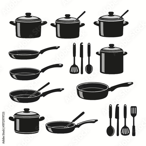 Comprehensive collection of black silhouette kitchenware icons featuring various stock pots with lids, frying pans, skillets, and utensils including spatulas, spoons, and knives.
