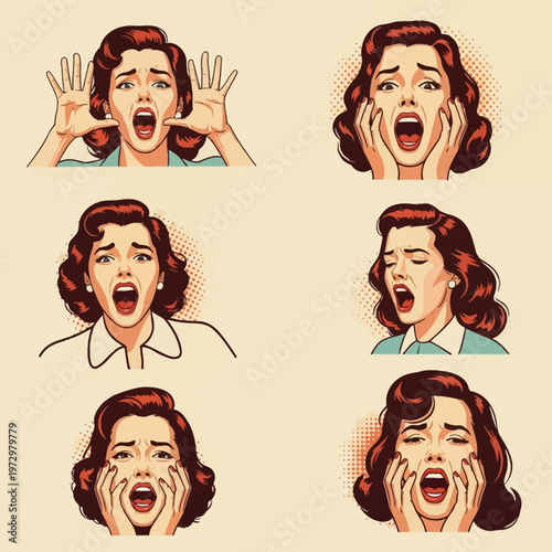 Set of six vintage 1950s style comic book illustrations of a woman with red hair expressing extreme shock, fear, and panic with open mouth screams and wide eyes on beige background.