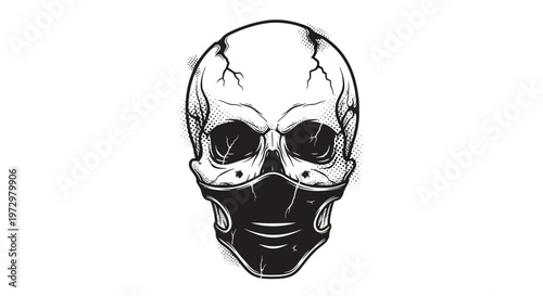 Skull with Mask, Grunge Style, Cracked Skull, Black and White