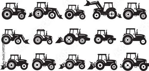 Tractor Silhouettes in Various Positions and Attachments on White Background