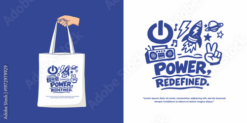 Tote bag mockup with power redefined doodle illustration