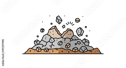 Vector illustration of a pile of gray rocks and brown soil with falling debris and dust particles, depicting a landslide or structural collapse on a plain white background.