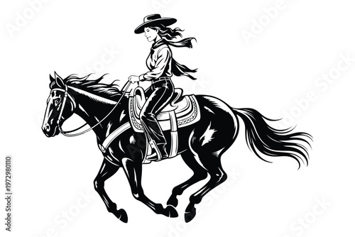 Black and white of a cowboy riding a galloping horse 1