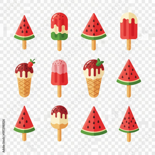 Collection of flat vector illustrations of watermelon-themed frozen treats, including fruit popsicles, ice cream cones, and melon slice lollies isolated on a transparent background.
