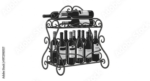Wrought Iron Wine Rack with Wine Bottles on White Background.
