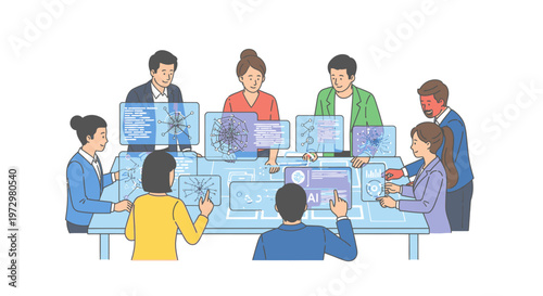 Diverse team collaborating on futuristic data analysis with interactive holographic screens, showcasing business innovation, digital transformation, and future technology.