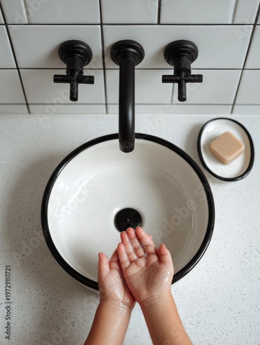 Modern black-and-white children's bathroom top-down view with child washing hands in white sink under black faucet, minimalist bright hygienic interior