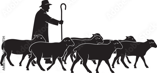 Black silhouette shepherd with flock of sheep walking