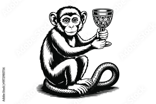 Black and white of a monkey holding a decorative goblet chalice