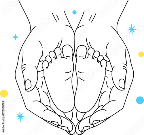 Adult hands holding tiny newborn baby feet in minimalist outline style representing parental care love protection family bond and infant healthcare vector illustration