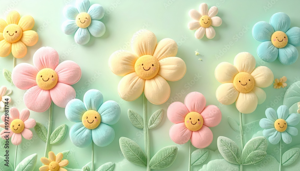 Obraz premium Kawaii Floral Smile Garden Background - Cute 3D Pastel Spring Flowers with Happy Faces for Childrens Mother Day Card, Sweet Botanical Illustration and Joyful Springtime Decor