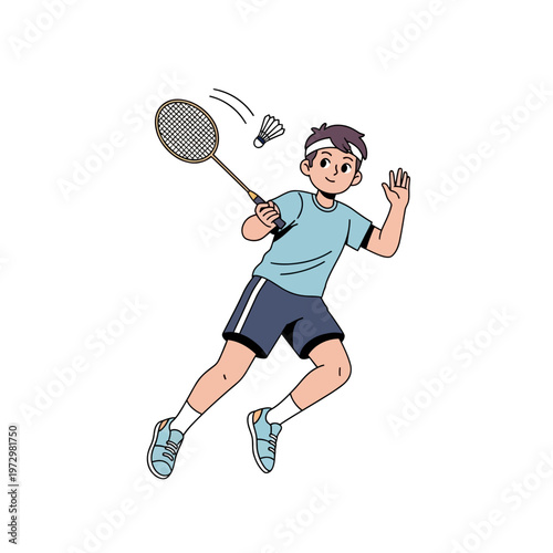 Young Boy Playing Badminton, Active Sport, Badminton Player, Shuttlecock Hit, Outdoor Activity