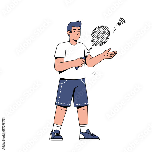 Young Man Playing Badminton, Serving Shuttlecock with Racket