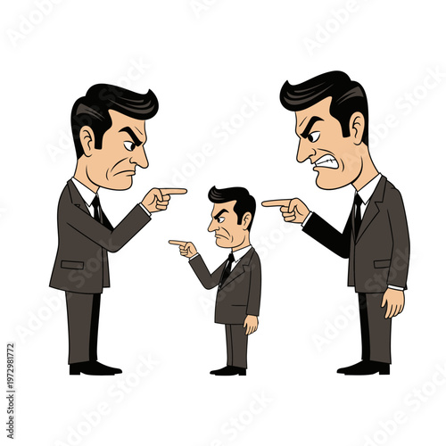 Angry businessmen pointing fingers at smaller colleague, workplace conflict concept
