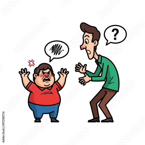 Angry child arguing with confused adult, communication problems, frustration