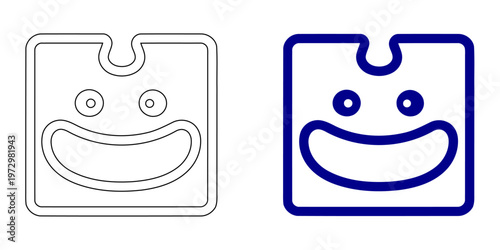 Minimalist Navy Blue Jigsaw Puzzle Piece Character Vector Icon with Large Happy Smile and Outline Style for Creative Education and Childhood Logic Designs