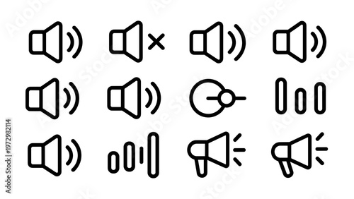 Minimal Speaker and Volume Control Line Icon Set Audio, Mute, and Sound Level Symbols