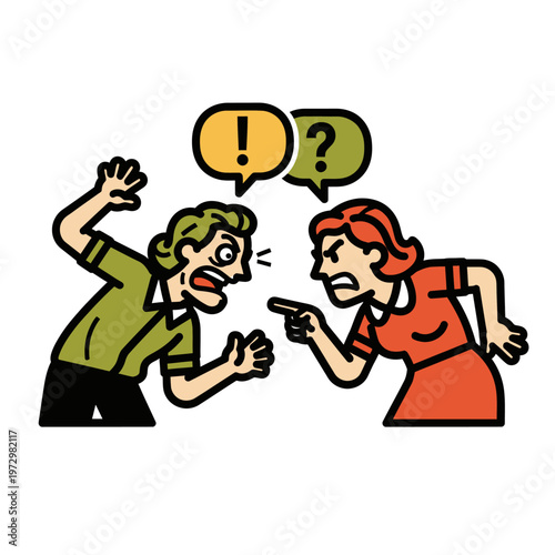 Angry Couple Arguing, Exclamation and Question Marks in Speech Bubbles, Conflict Illustration