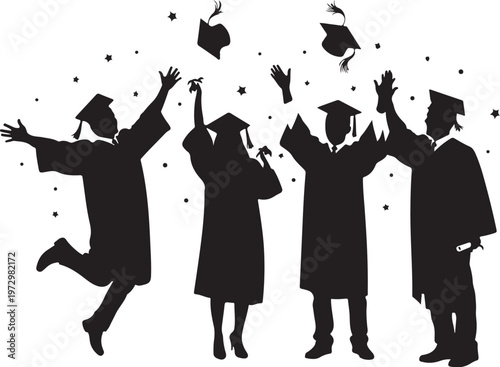 Black silhouettes graduates throwing caps in air with stars
