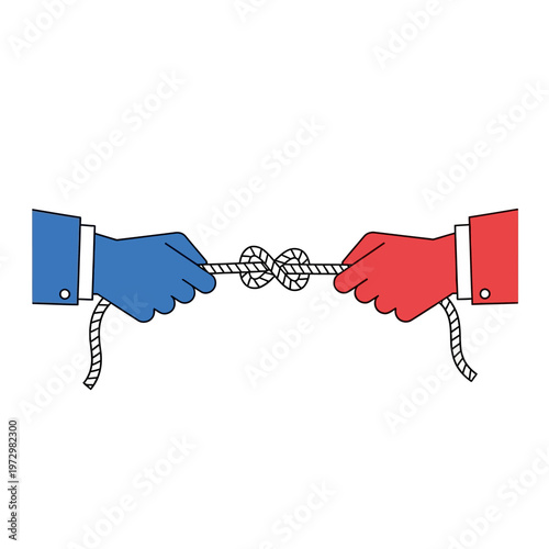 Two Hands Tug of War with Rope and Knot, Political Parties Conflict