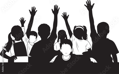Black silhouettes of children raising hands kids white background