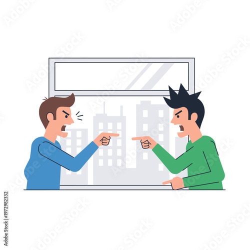 Two men arguing and pointing fingers at each other in front of city buildings