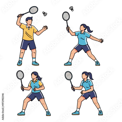 Badminton players, man and woman playing sport, sports illustration, racket game