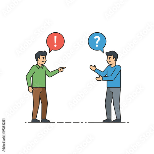 Two men arguing with speech bubbles showing exclamation and question marks
