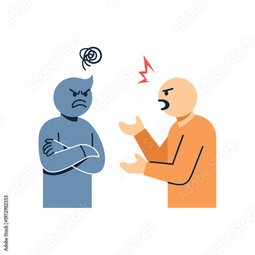 Two people arguing, conflict, disagreement, anger, frustration, communication breakdown, vector illustration