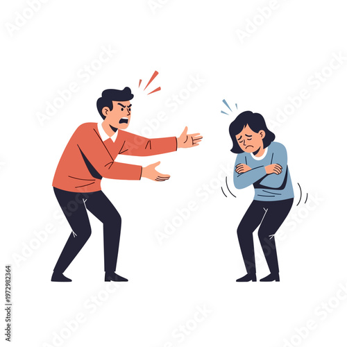 Angry man confronting sad woman, relationship conflict, domestic dispute illustration