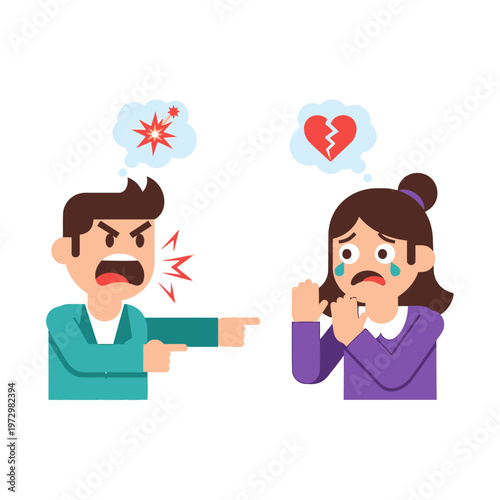 Angry man shouting at crying woman with broken heart symbol, relationship conflict