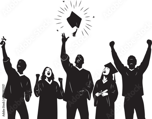Black silhouettes of five graduates celebrating graduation