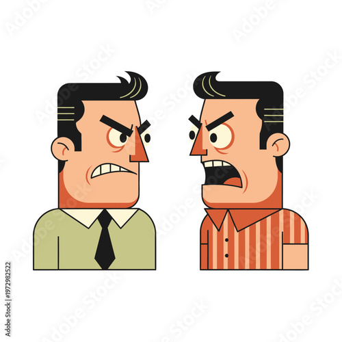 Angry men arguing, conflict, disagreement, confrontation, business dispute, cartoon characters
