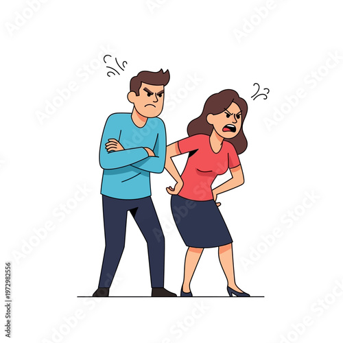 Angry couple arguing, frustrated man and woman with expressions of conflict and disagreement