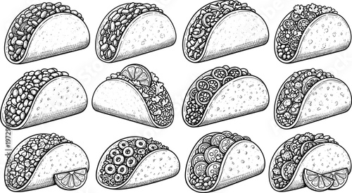 Vintage hand drawn taco vector set featuring traditional Mexican street food with lime beans and vegetables in detailed engraved stipple sketch style
