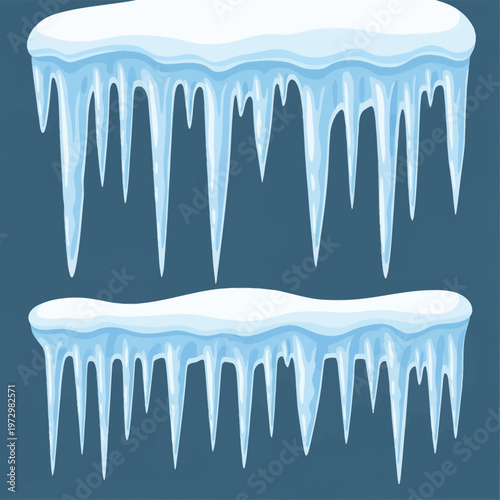 Vector illustration of two horizontal sets featuring cartoon icicles hanging from thick white snow caps. Light blue frozen ice spikes with pointed tips isolated on a dark blue background.