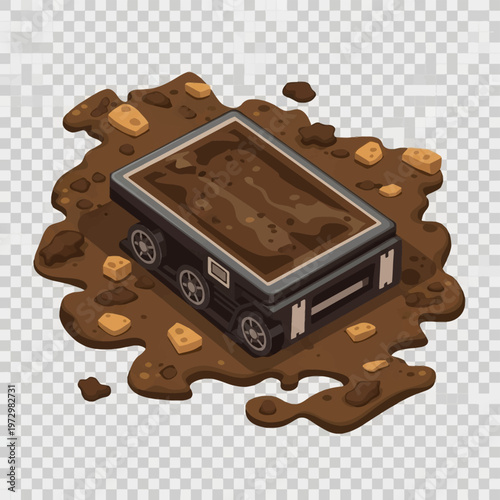 Isometric vector illustration of a metallic industrial mining cart vehicle stuck in a pool of thick brown mud and wet dirt with scattered rocks on a transparent background.