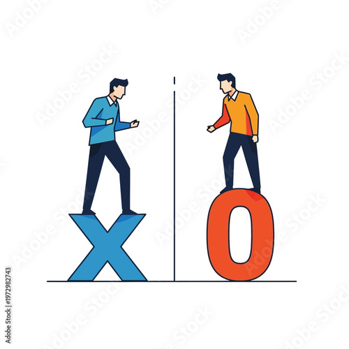 Businessmen playing tic-tac-toe game, strategy and competition concept, vector illustration