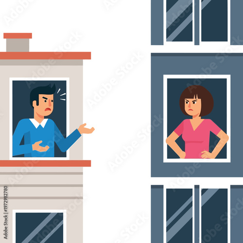 Angry neighbors arguing from apartment windows, conflict and dispute concept