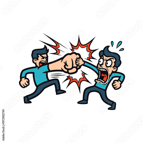 Cartoon fist fight, man punching another man, conflict, aggression, competition, dispute, violence, argument