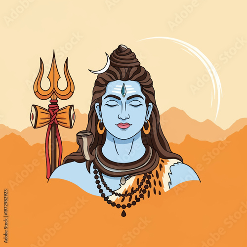 Lord Shiva vector illustration featuring blue skin, third eye, crescent moon, and matted hair, holding a trishula trident with damru drum, set against Himalayan mountain peaks.